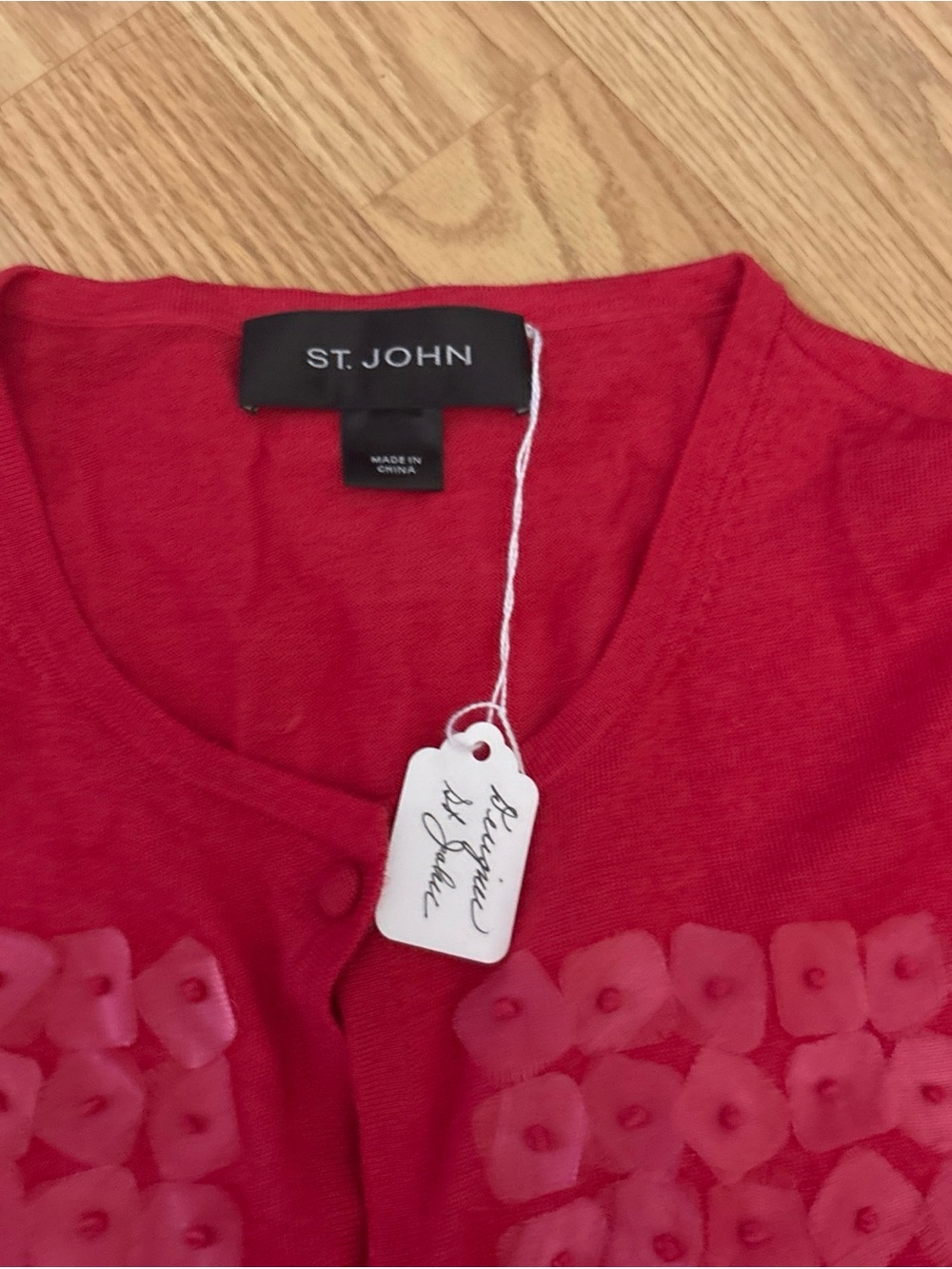 St. John Red poppy appliqué Front Cardigan - Picture 3 of 6